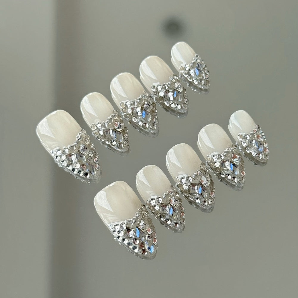 Elegant Grey French Full-Coverage Diamonds - Luxe Heavy Duty Manicure