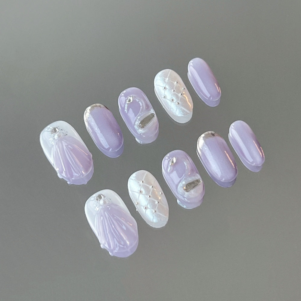 Purple Cat-Eye Press-On Nails - Handcrafted 3D Swan & Pearl Accents