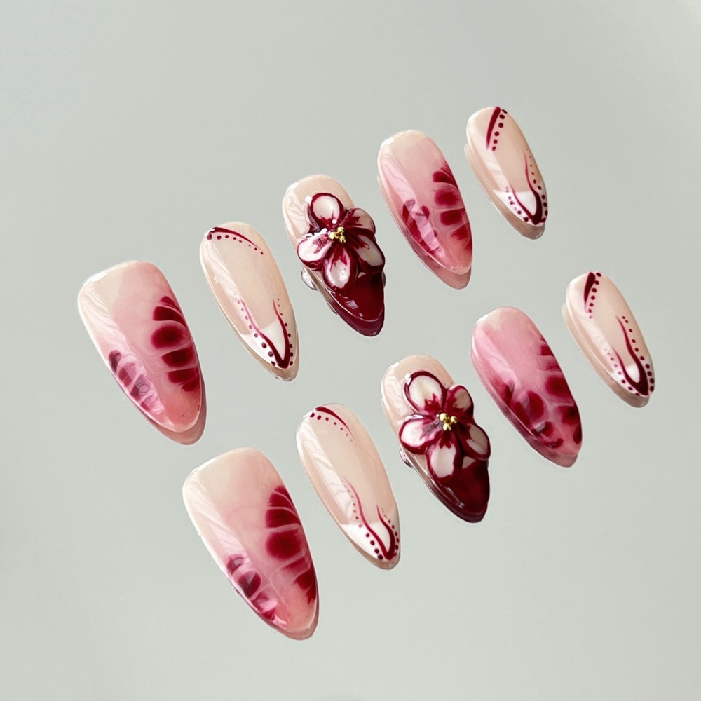 Red Watercolor French Tips - 3D Hand-Painted Cherry Blossom Accents