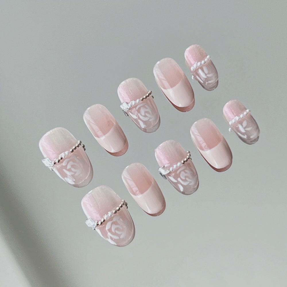 Lavender Blush French Tips - Pearl-Encrusted Rose Nail Art