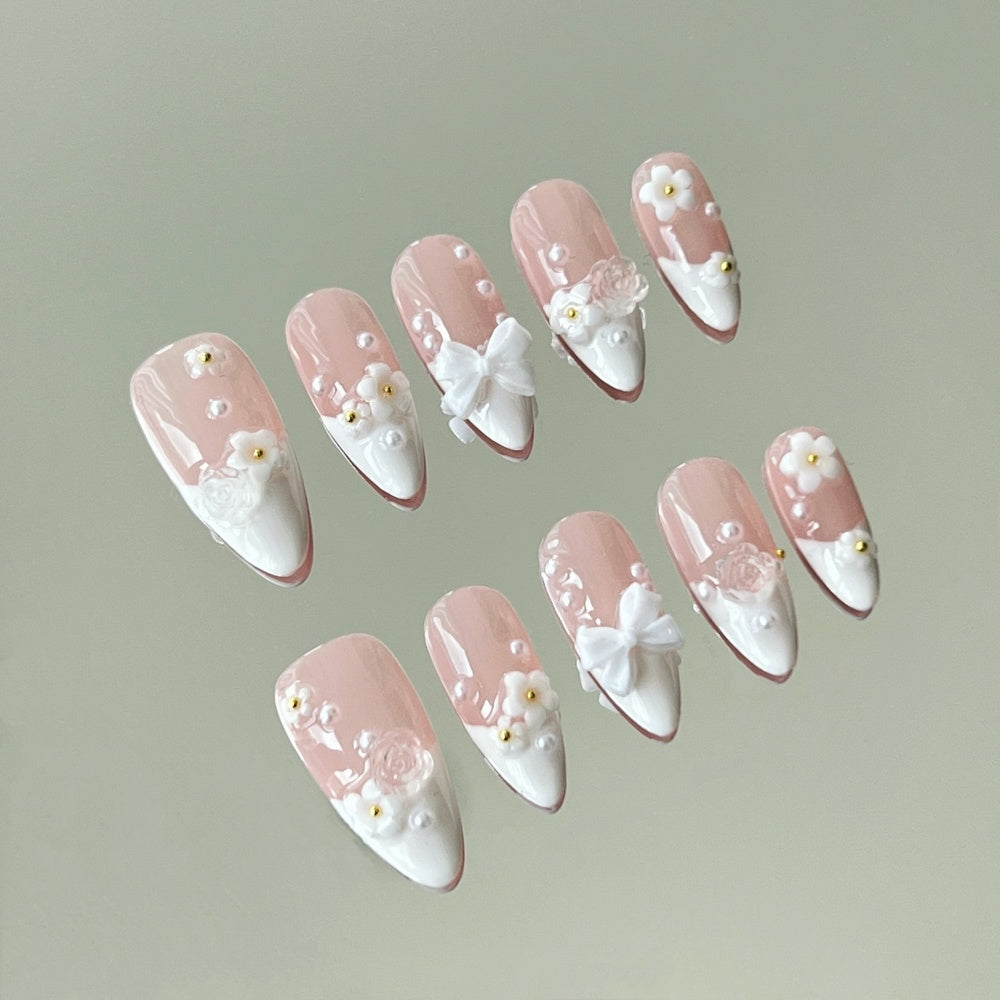 Ethereal Rose French Tips - Pearl Bows & White Floral Appliqués