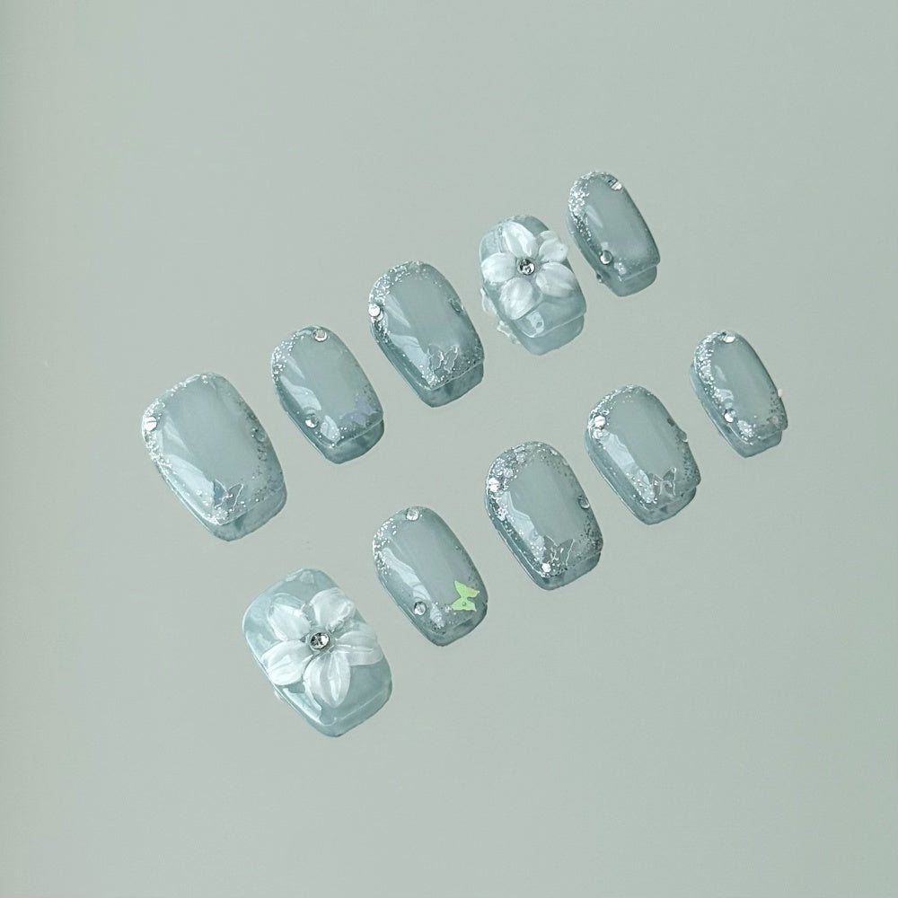 Short Mint Green Iridescent Cat Eye Press-On Nails with Butterfly Glitter & Hand-Carved 3D Floral