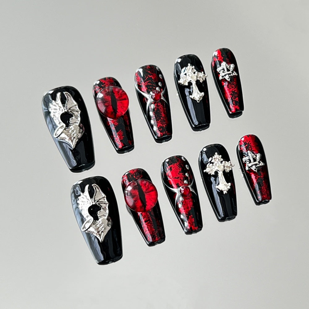 💀 Victorian Goth Fake Nails - Elegant Black Widow Design