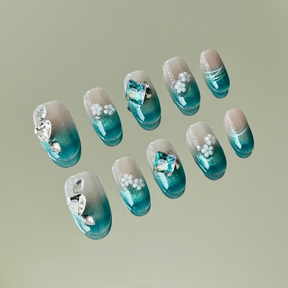 Emerald French Cat-Eye Press-Ons - Floral Rhinestone Fairy Nails