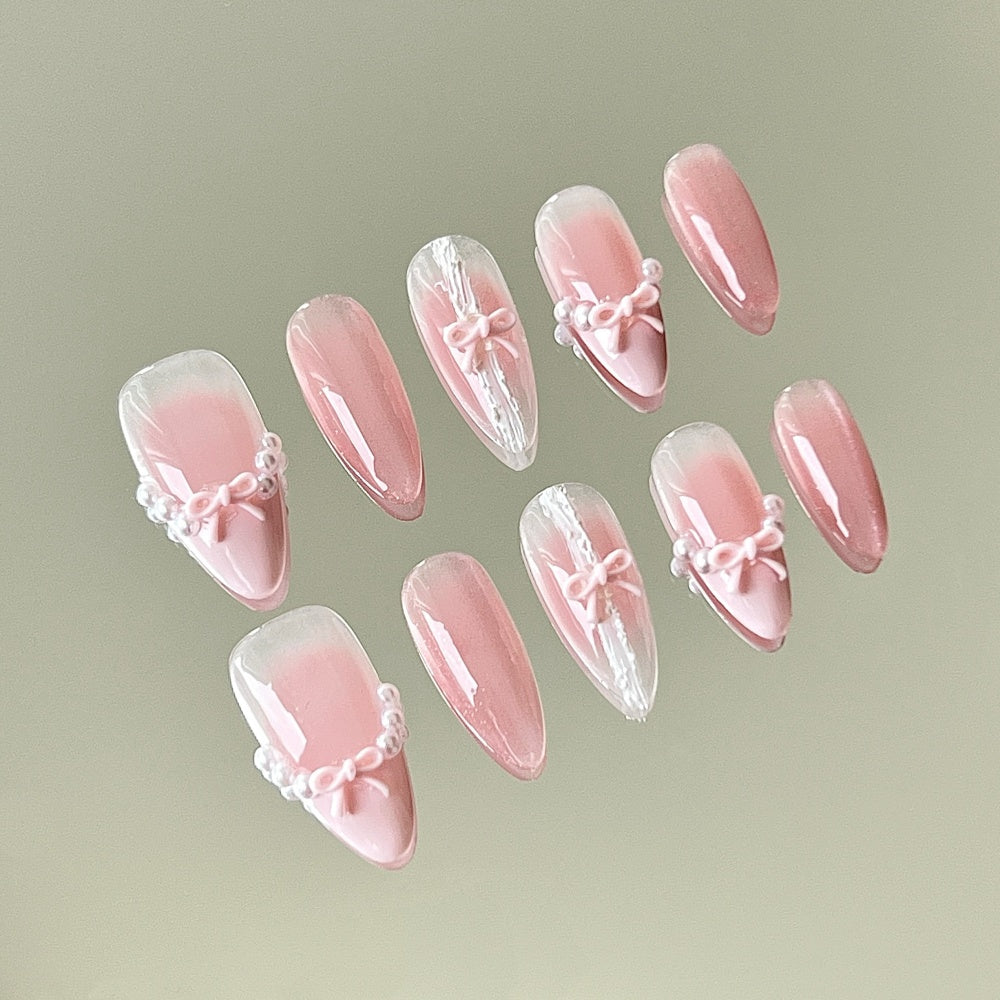 Bridal Pink French Fake Nails - 3D Crystal Bows & Iridescent Pearls
