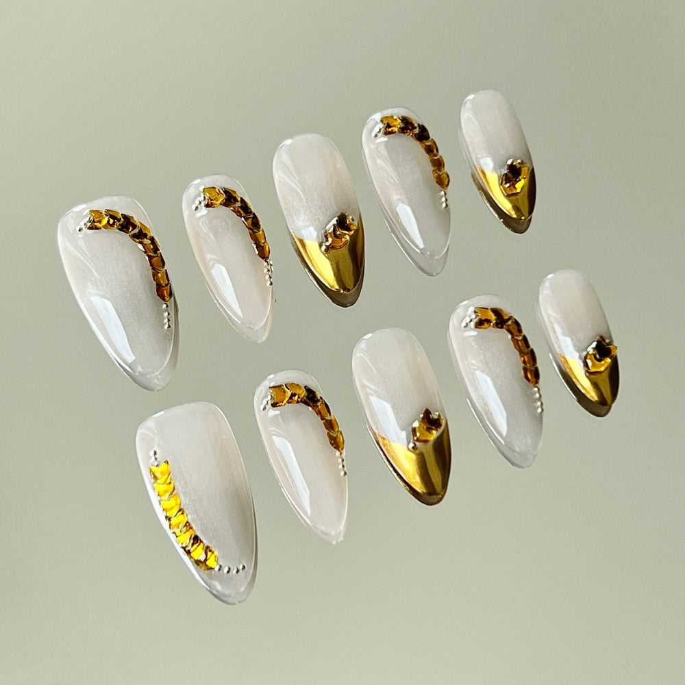 Gilded French Manicure Set - 3D Golden Wheat & Diamond Accents