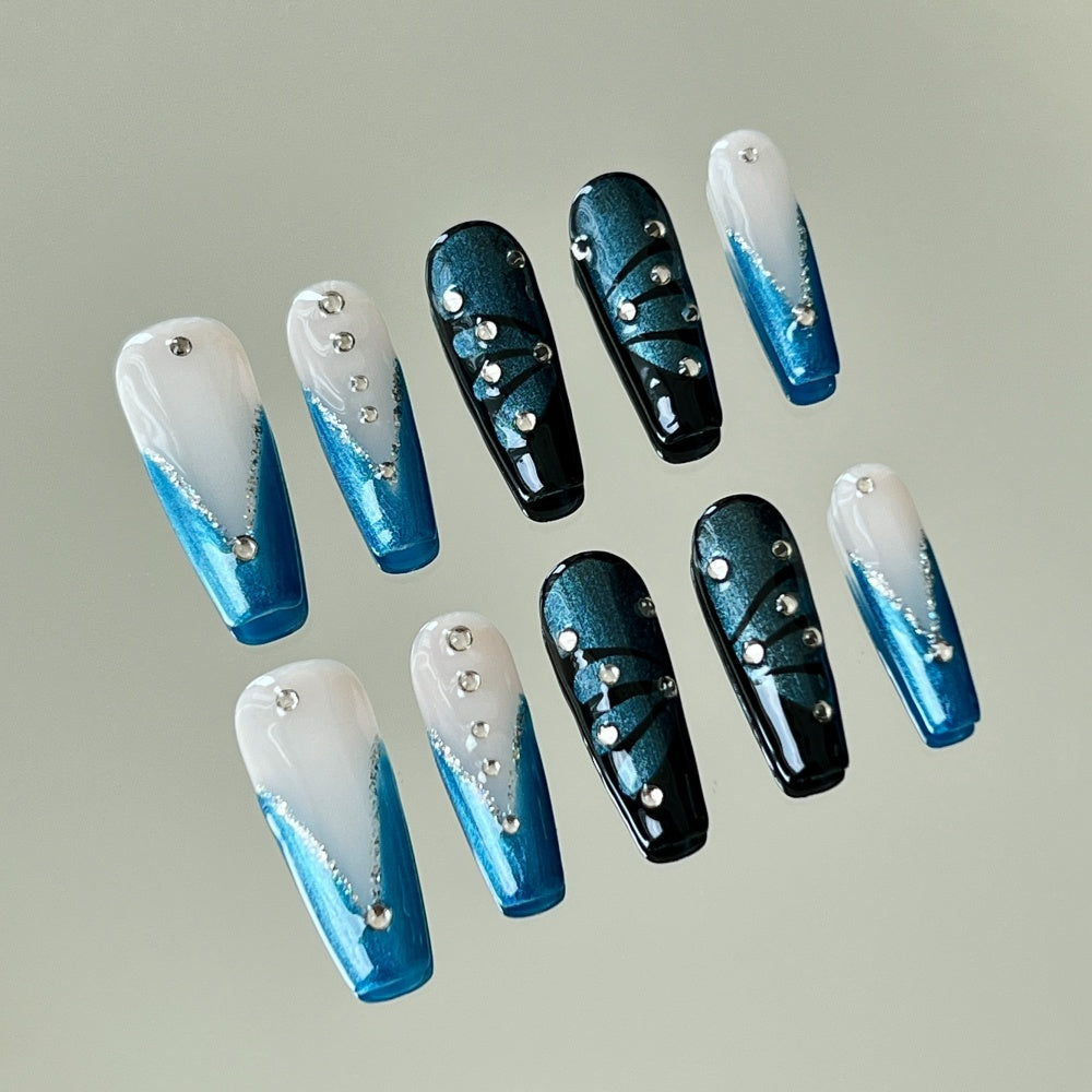 Hand-Painted Blue Butterfly Nails-Diamond Cat-Eve Glow