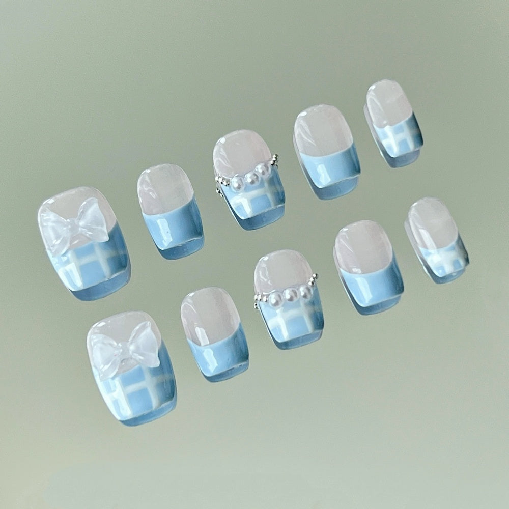 Baby Blue French Bow Nails - Pearl-Embellished Checkerboard Tips