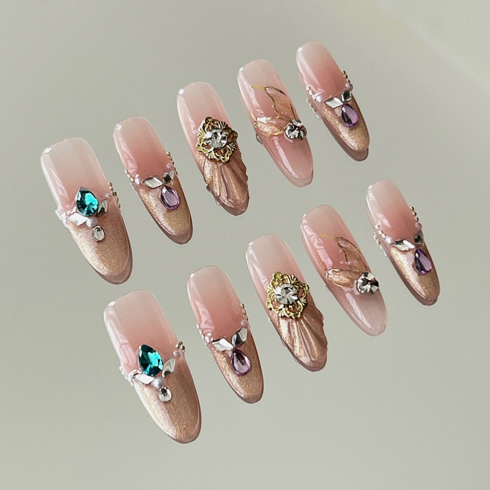Underwater Fantasy Fake Nails- Hand-Painted Foam Waves & Diamond Fish Scales