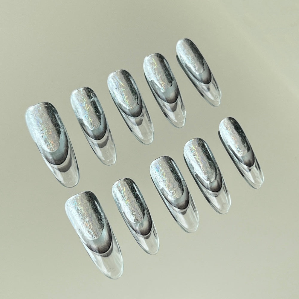 AI Glow Fake Nails - Liquid Mercury Tips & Transparent Circuits