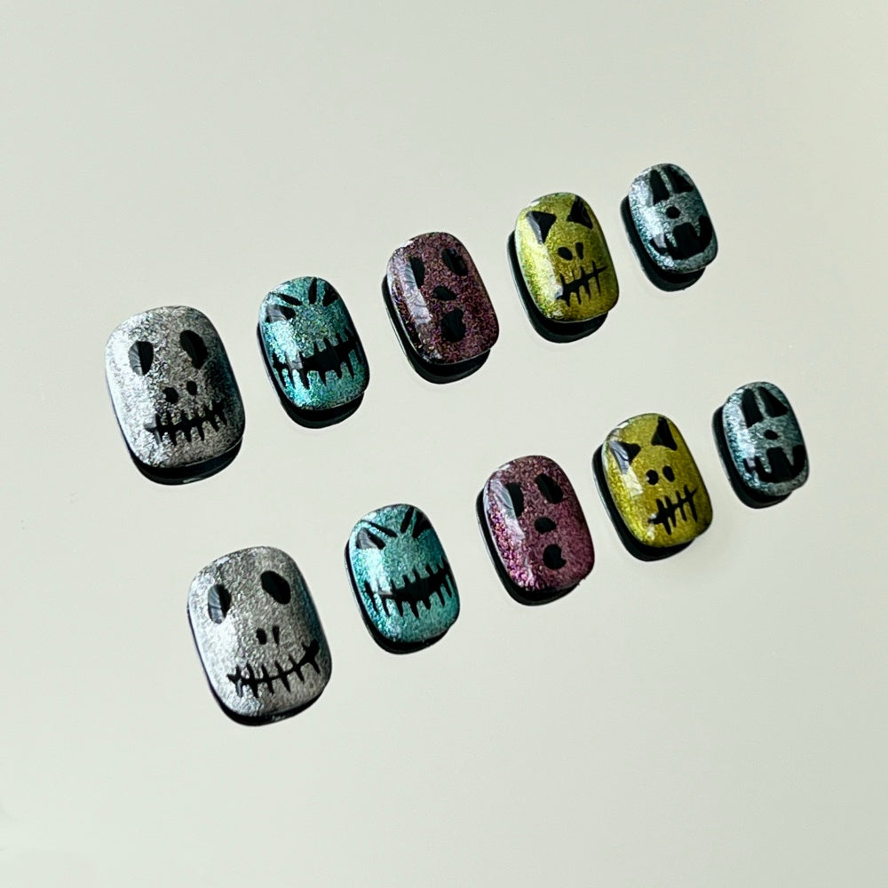 Halloween Couture Press-On Nails - Hand-Painted Ghostly Cat-Eye & Mini Tips