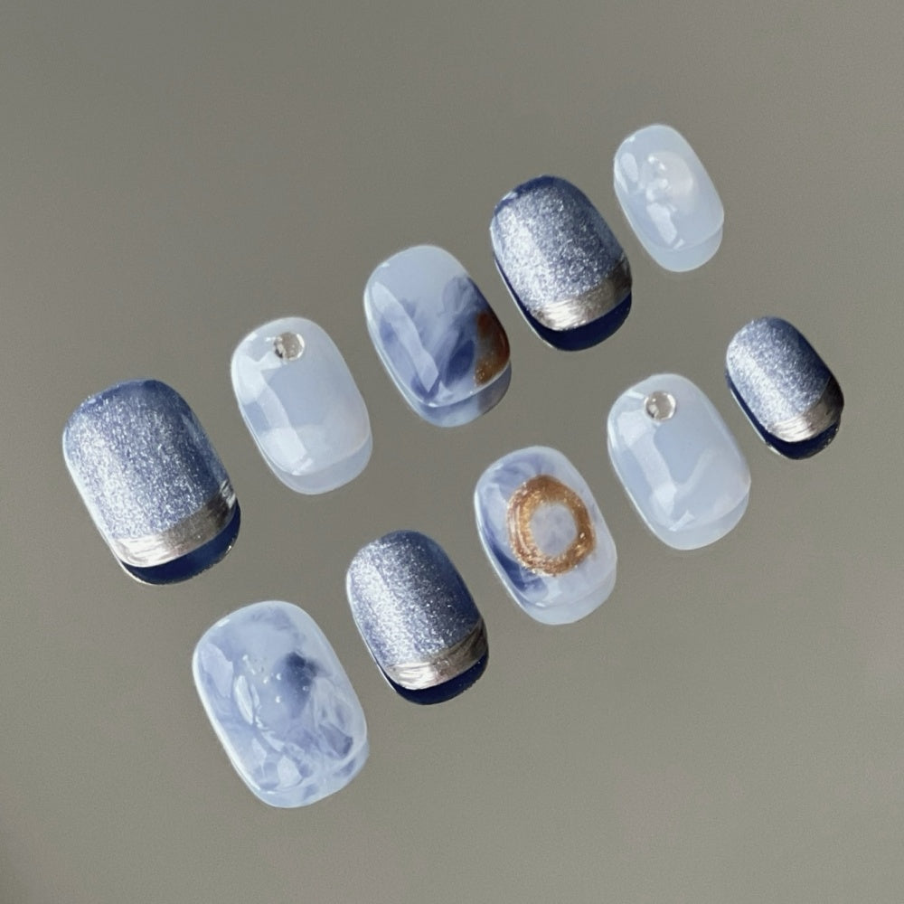 Dreamy Blue Ombré Cat-Eye Nails - 3D Cloud Carvings & Mini Tips