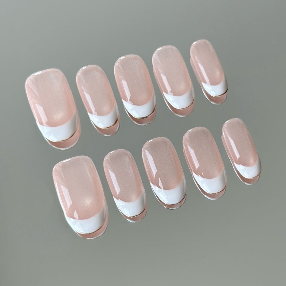 Luxe French Cat-Eye Nails - 24K Gold Line Tips & Pearl Glow