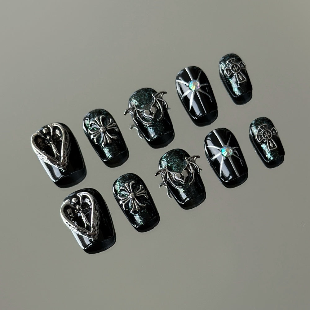 Gothic Punk Press-On Nails - Hand-Forged Metal Studs & Industrial Chains