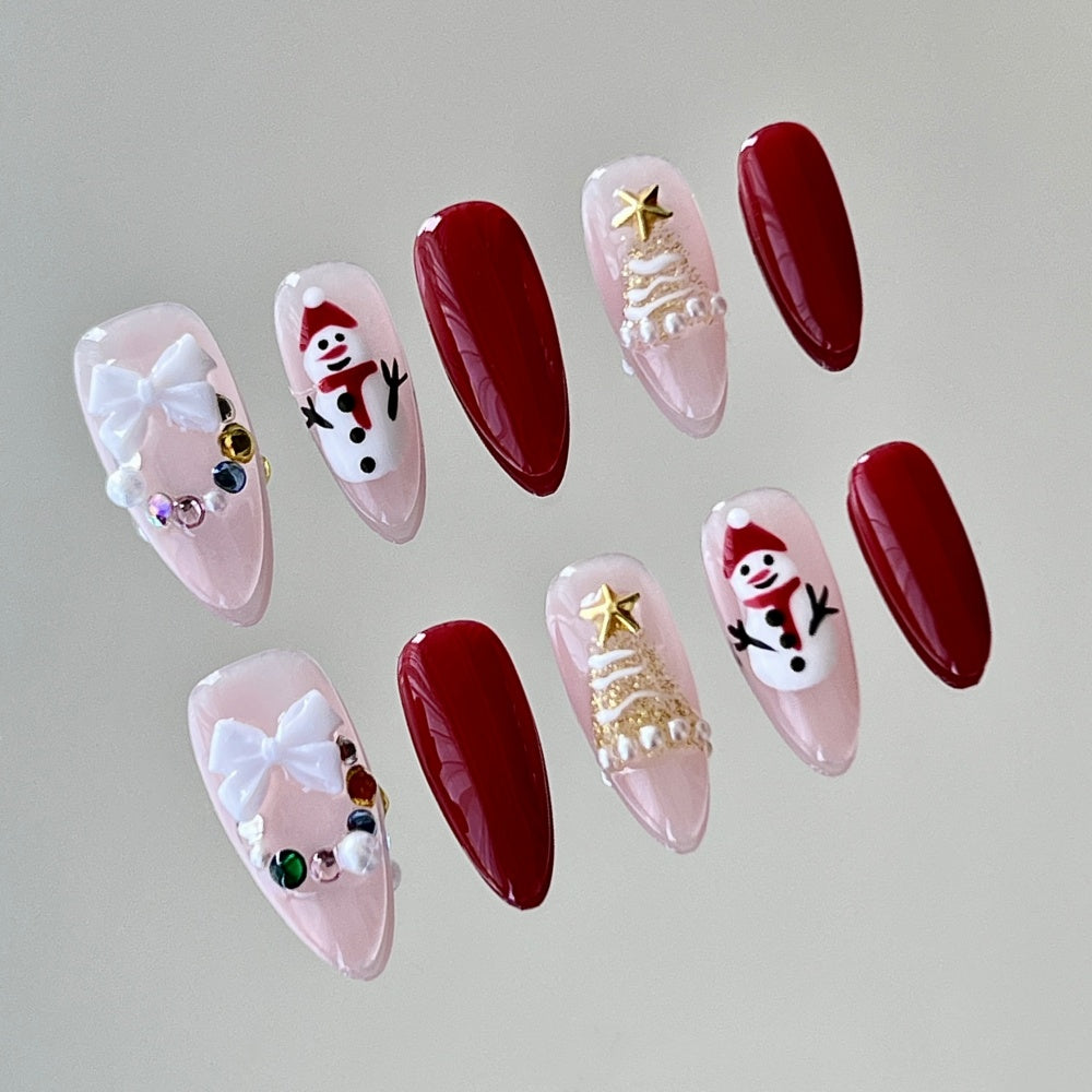 Hand-Painted Christmas Nails - Jolly Snowman & Glowing Tree Designs