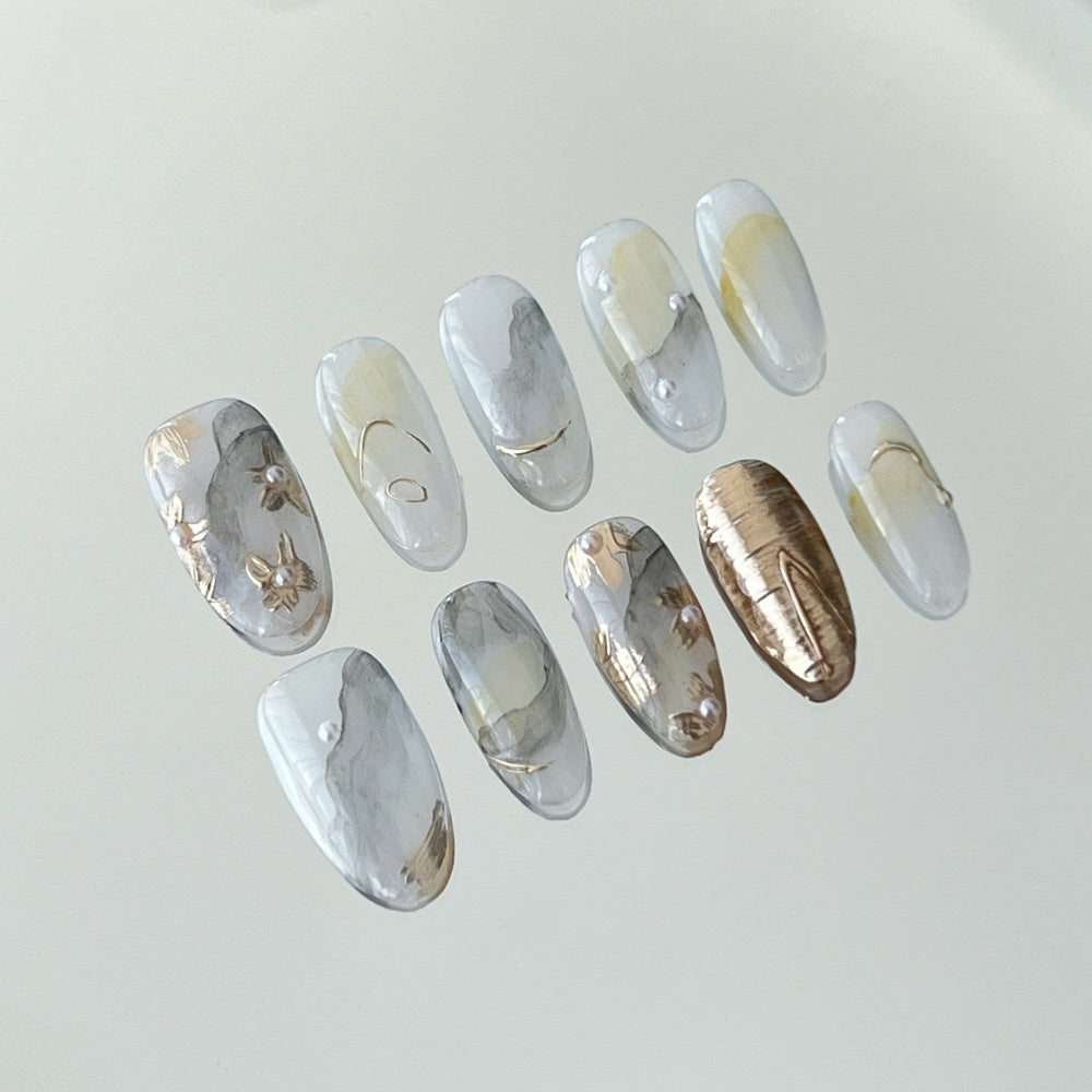 Chinese Watercolor Marble Nails – Hand-Painted Floral & Chrome Powder Press-Ons