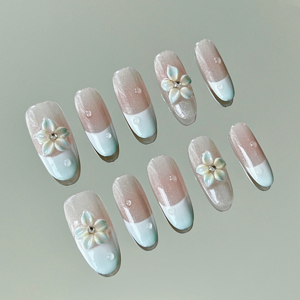 Elegant French Ombre Press-On Nails – Hand-Carved Floral & Pearl Drops