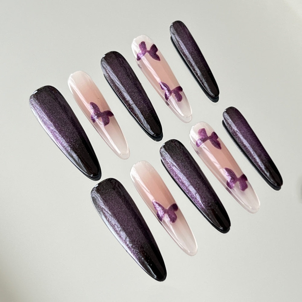 Purple Holographic Cat Eye Nails – Butterfly & Blush Glitter Press-Ons
