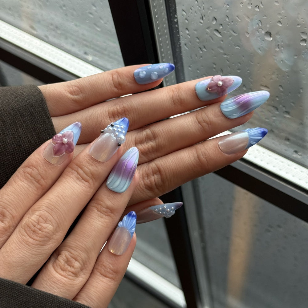 Handmade Ocean Aurora Nails with Pearl Sheen & Flower Carving