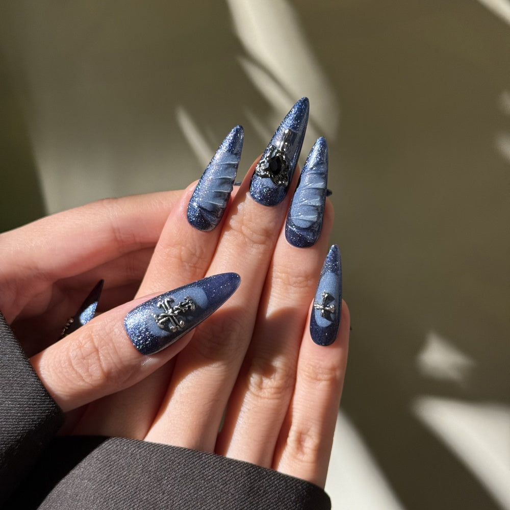 Ocean Wave Gel Nails with 3D Cross Design - Sparkling Rhinestone Decor