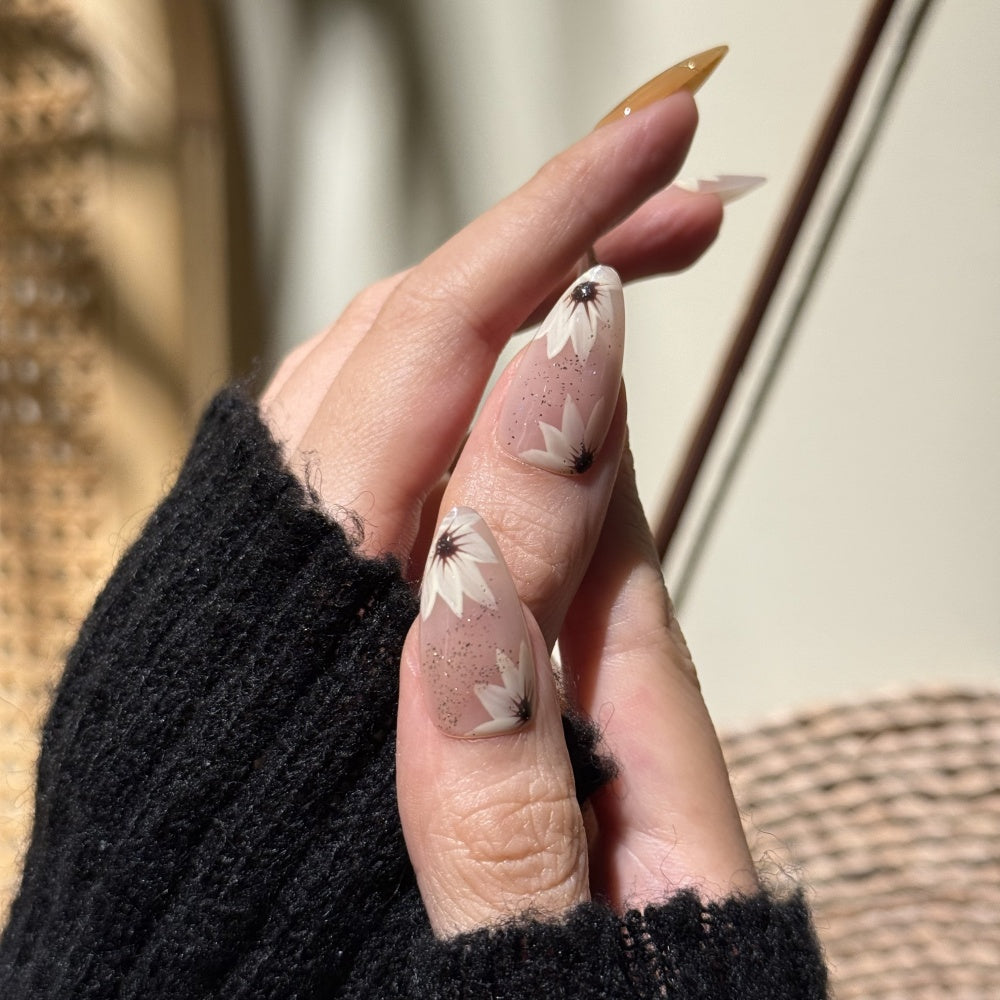Champagne Nails with Delicate Flowers - Hand-Painted Glitter Nails