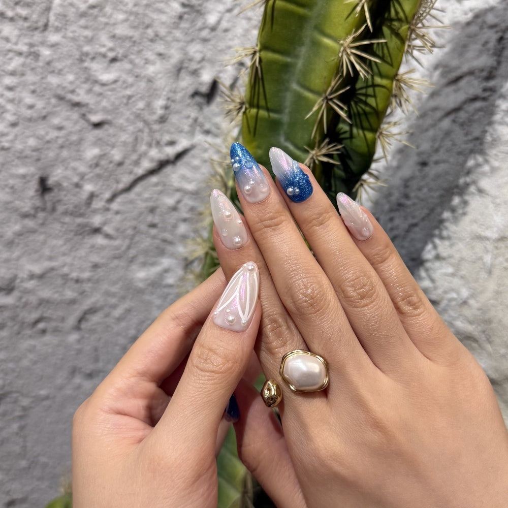 Pearlescent Mermaid Tail Press on Nails - Hand-Painted Wave Design with Pearl Glitter