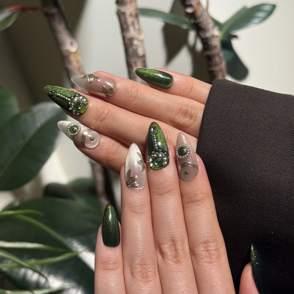 Emerald Cat Eye Nails with Pearl Chains - 3D Luxury Handmade Art