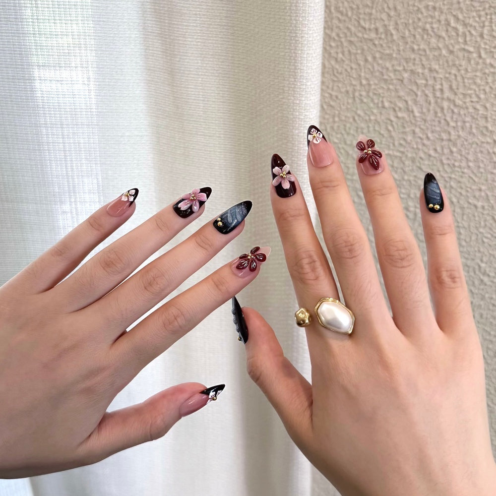 3D Floral Press-On Nails - Elegant & Romantic for Dates/Vacations