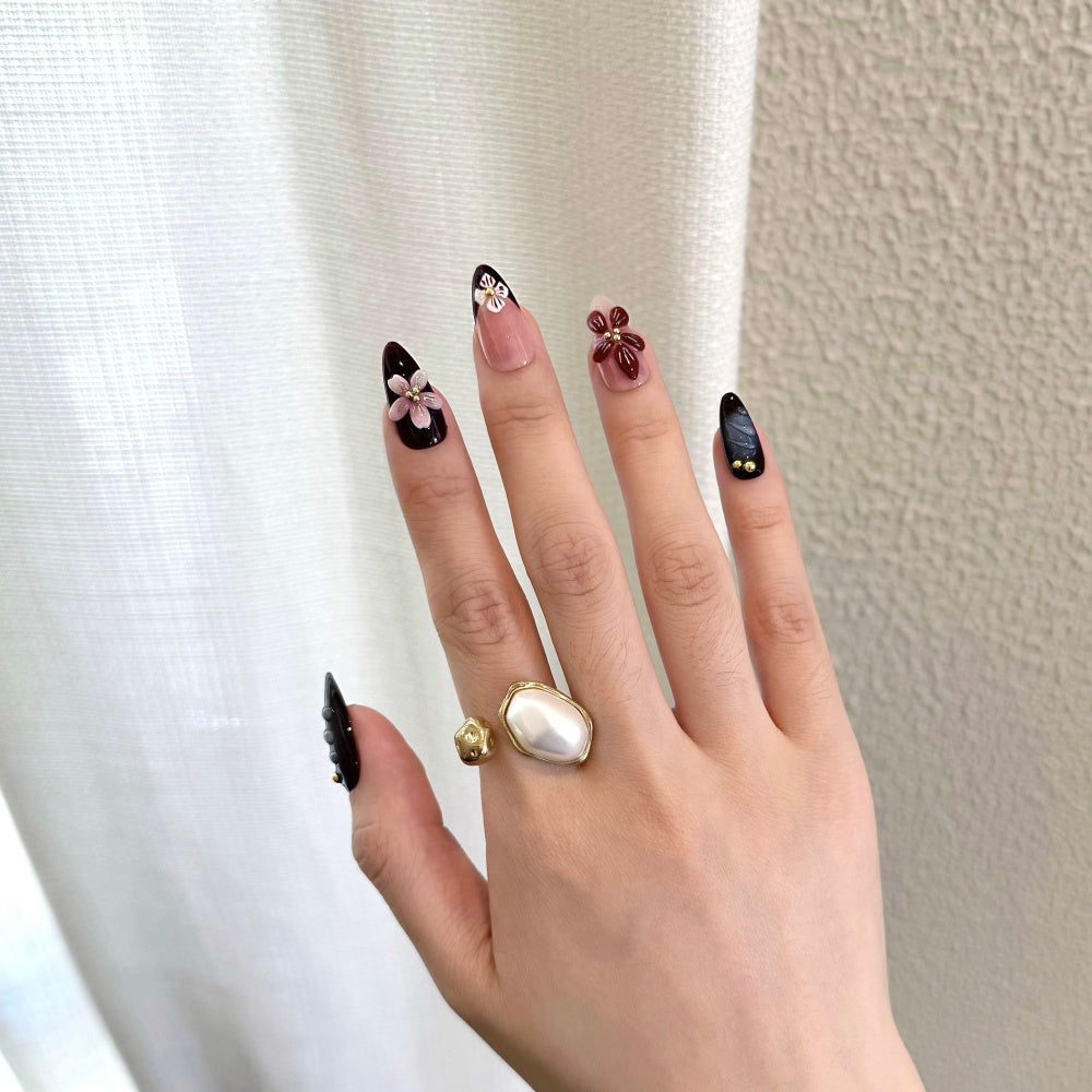 3D Floral Press-On Nails - Elegant & Romantic for Dates/Vacations