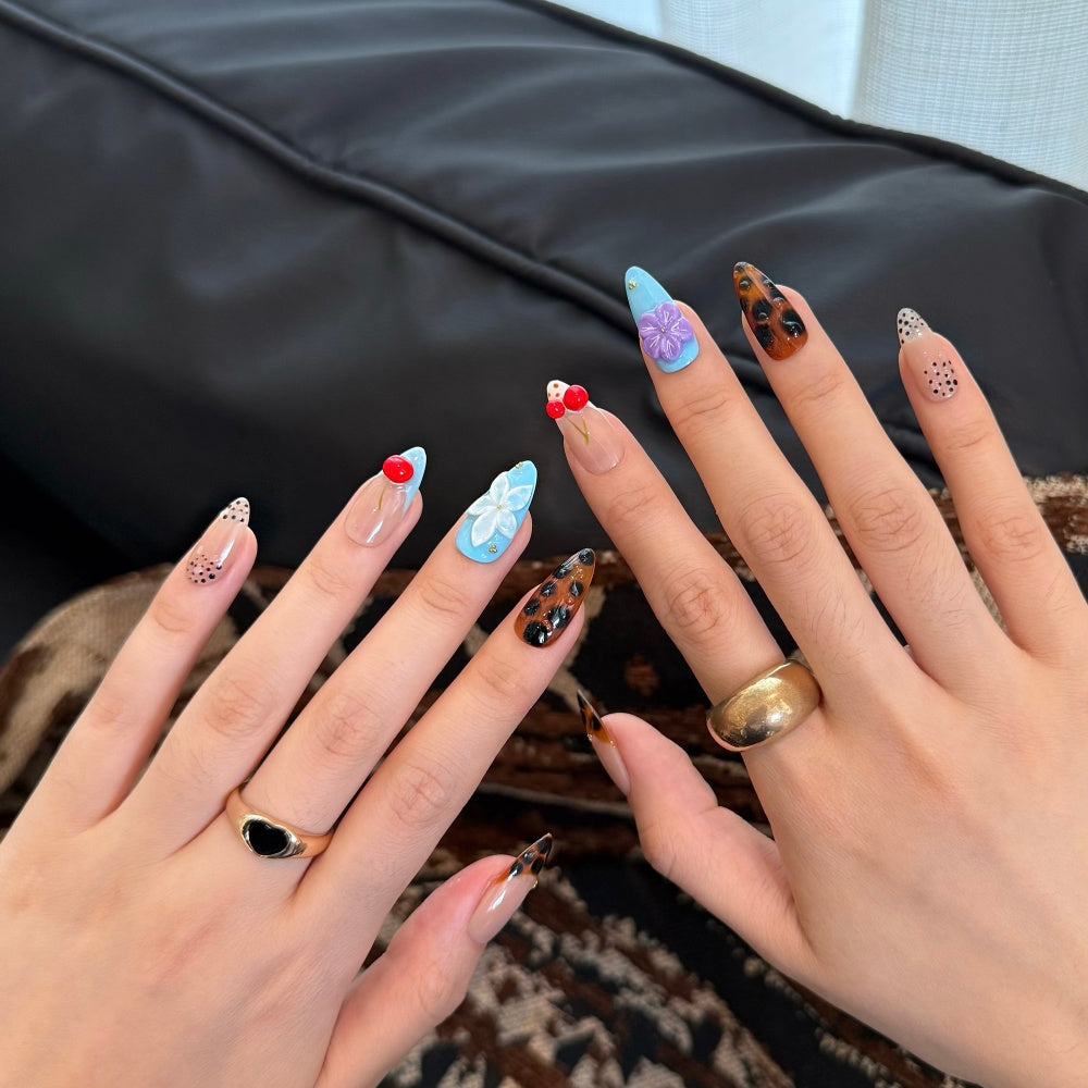 Romantic Cherry Nail Set - Embossed Blossoms & Watercolor French