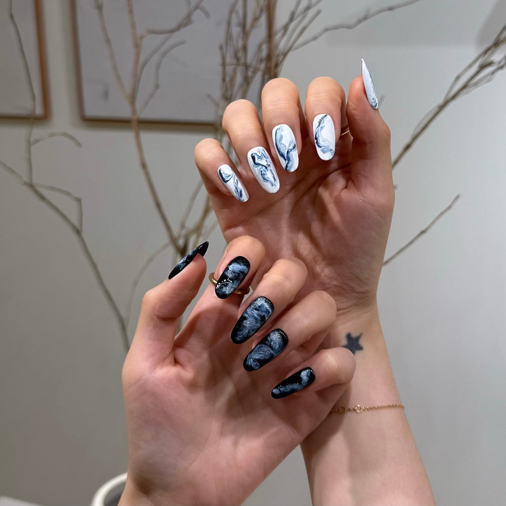 Ink Wash Line Art Press-Ons | Abstract Black White Nails