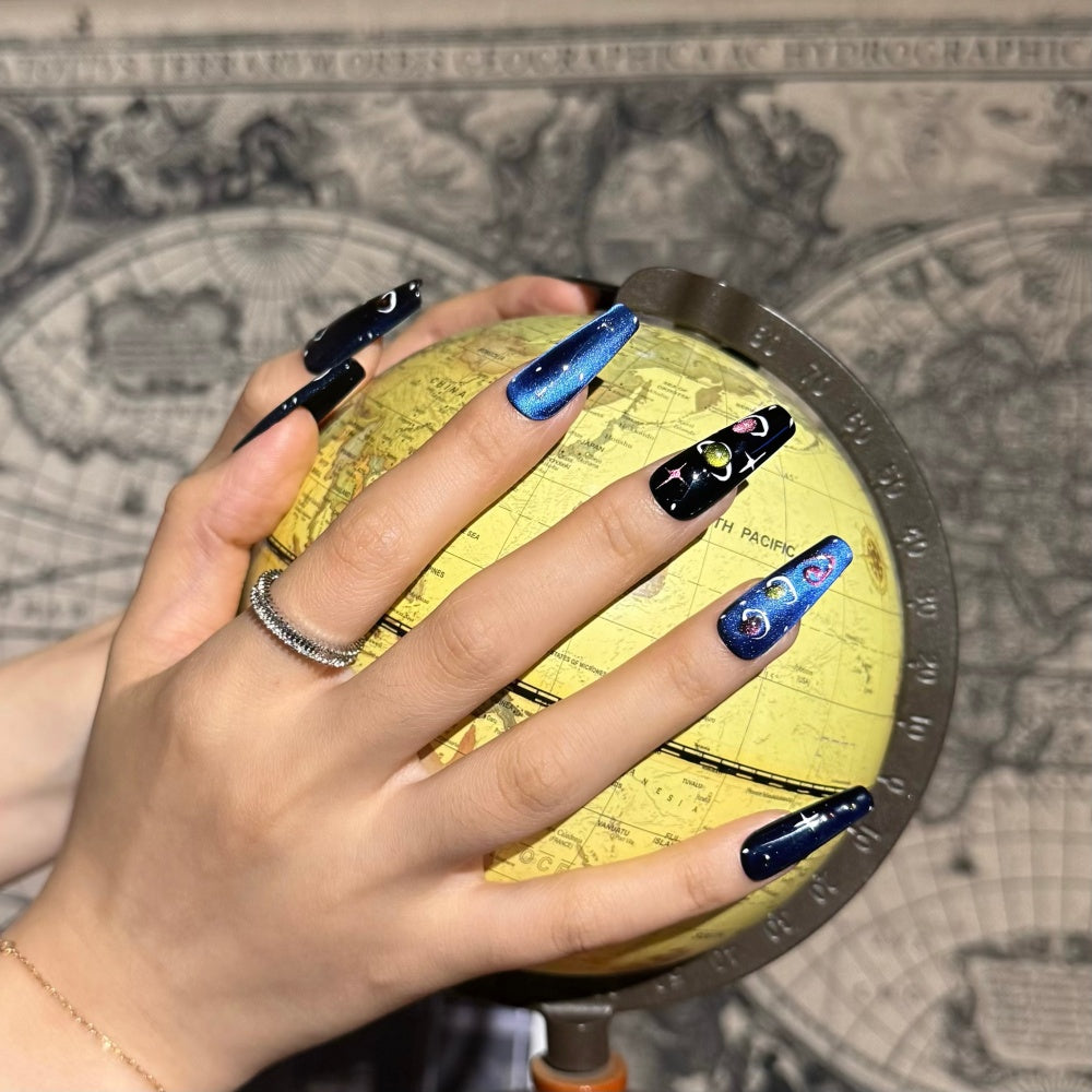 Hand-Painted Galaxy Cat Eye Press-Ons | Cosmic Sparkle Nails