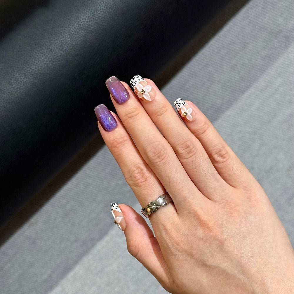 Luxury Lavender Cat-Eye French Tips - 3D Leopard Floral Carvings