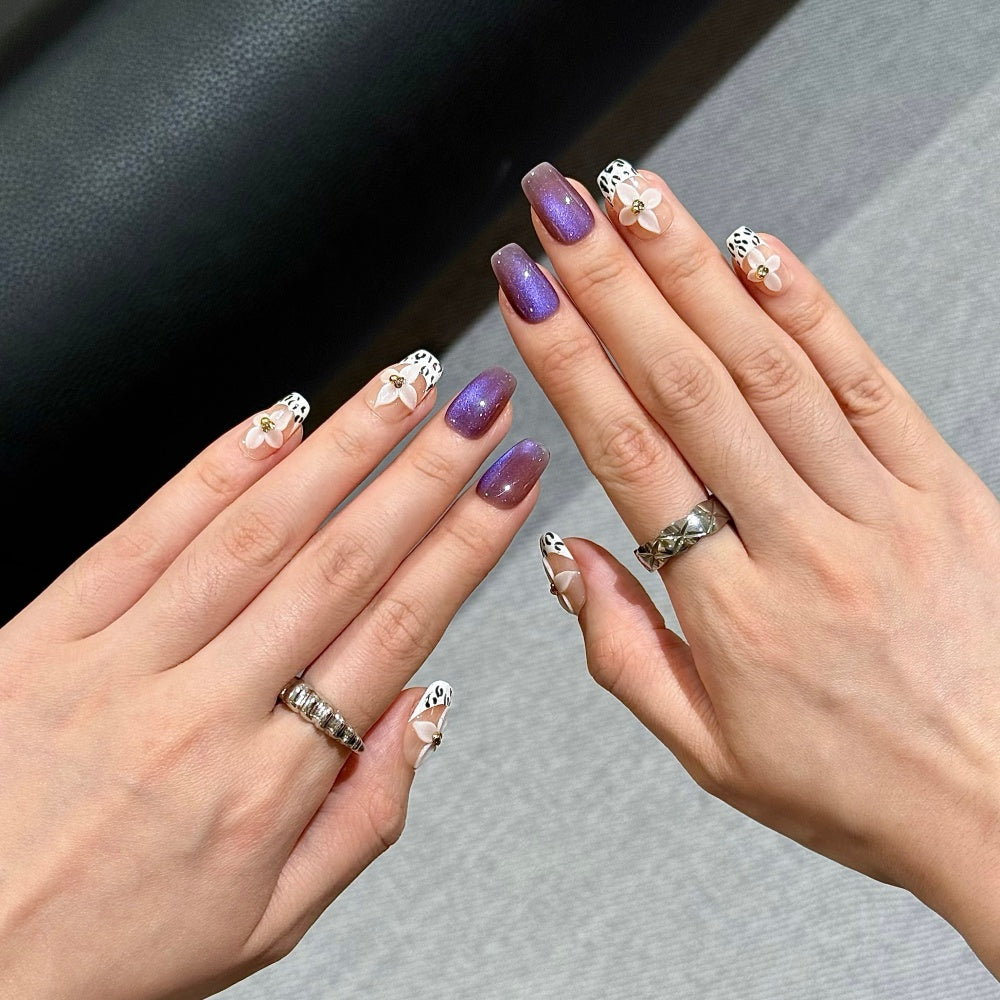 Luxury Lavender Cat-Eye French Tips - 3D Leopard Floral Carvings