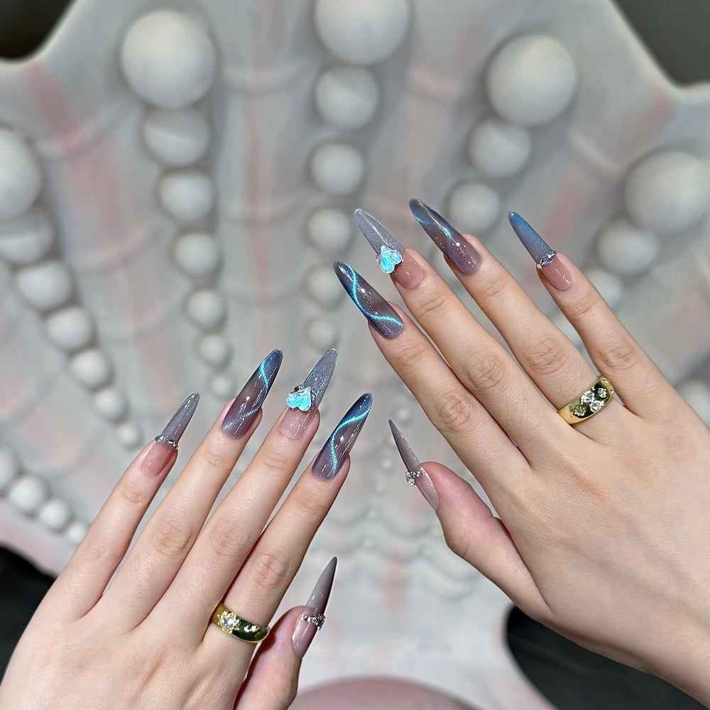 Graceful Curve French Cat-Eye Nails - Diamond Heart Accents & Pearl Swirls
