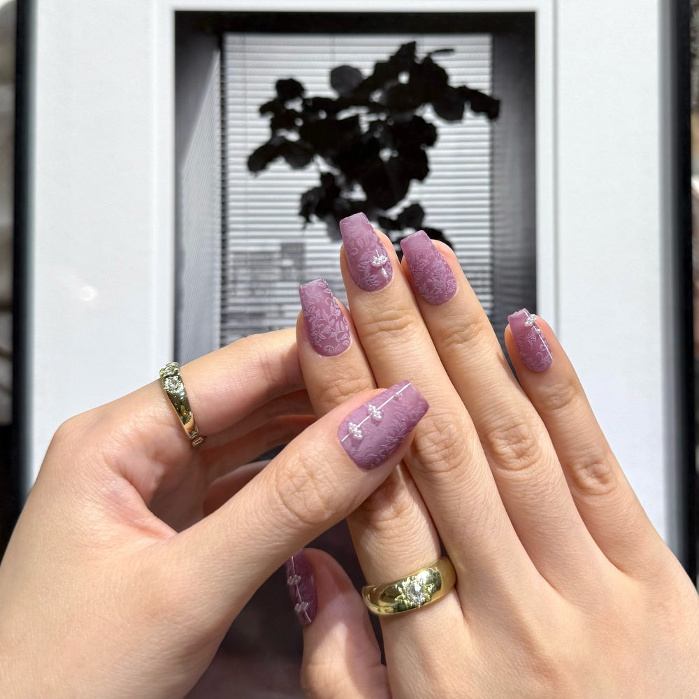Minimalist Wisteria Pearl Nails – Subtle Knot Embossed Matte Tips