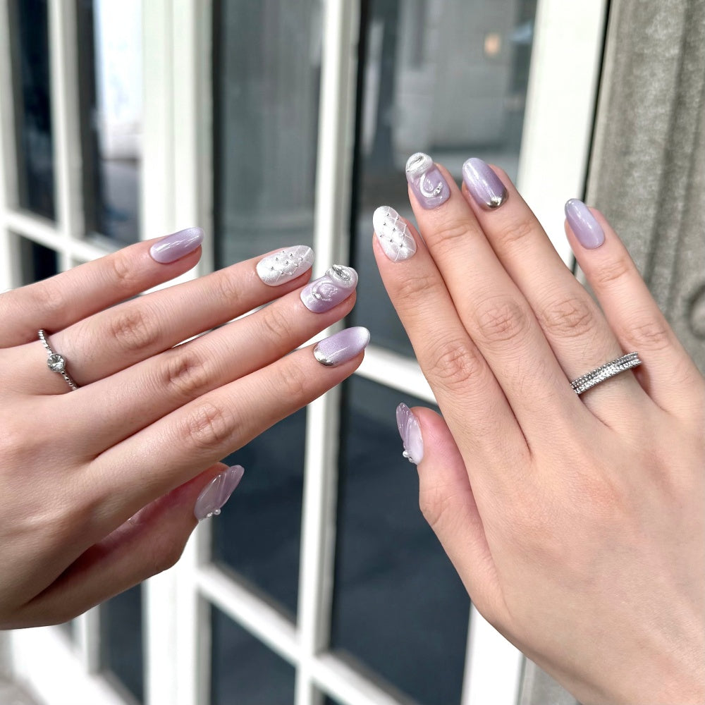 Purple Cat-Eye Press-On Nails - Handcrafted 3D Swan & Pearl Accents