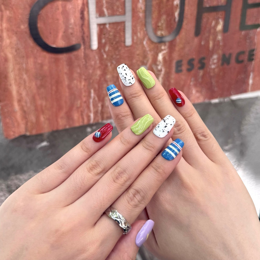Macaron Candy Press-On Nails - Hand-Painted Pastel Clash & Sprinkles