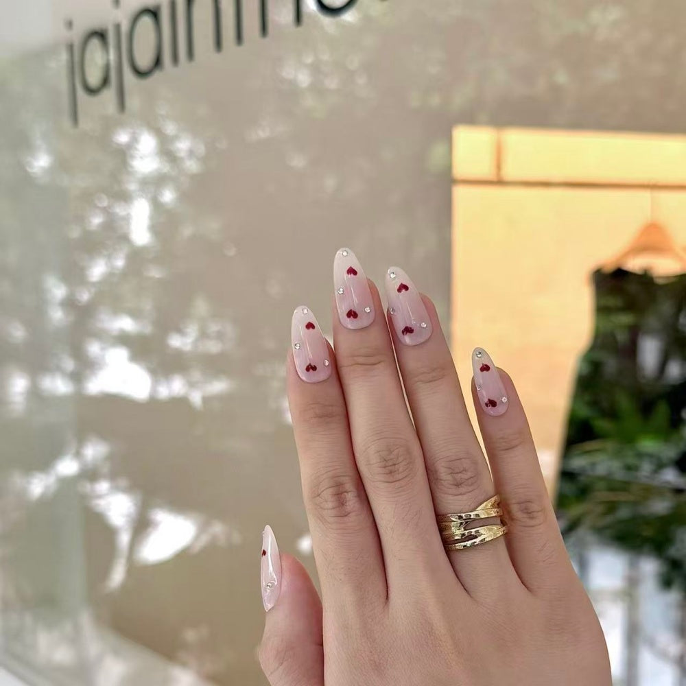 Pink Delicate Heart-shaped Press-on Nails with Tiny Rhinestones