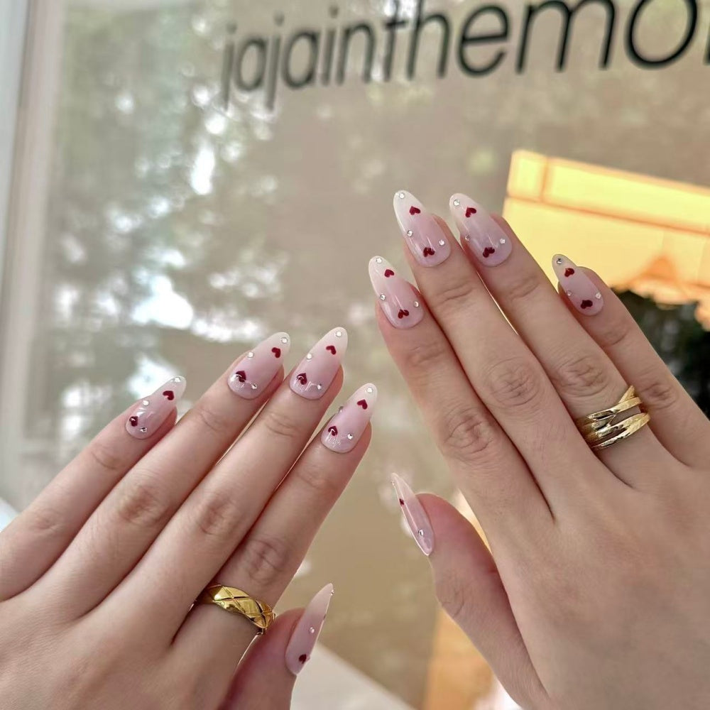 Pink Delicate Heart-shaped Press-on Nails with Tiny Rhinestones