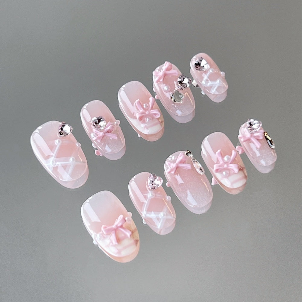 French Bow Manicure -Pearl & Heart Diamond Accents