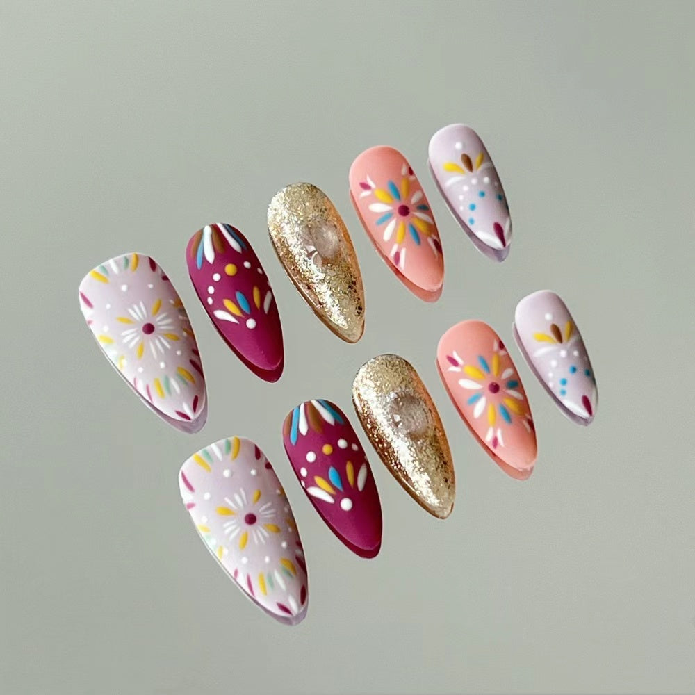 Bohemian Rhapsody Nails - Hand-Painted Luxury with Platinum Glitter