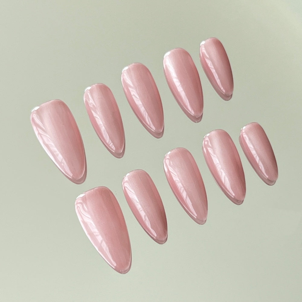 Spring Pink Press-Ons - Iridescent Peachcore Tips with Satin Sheen