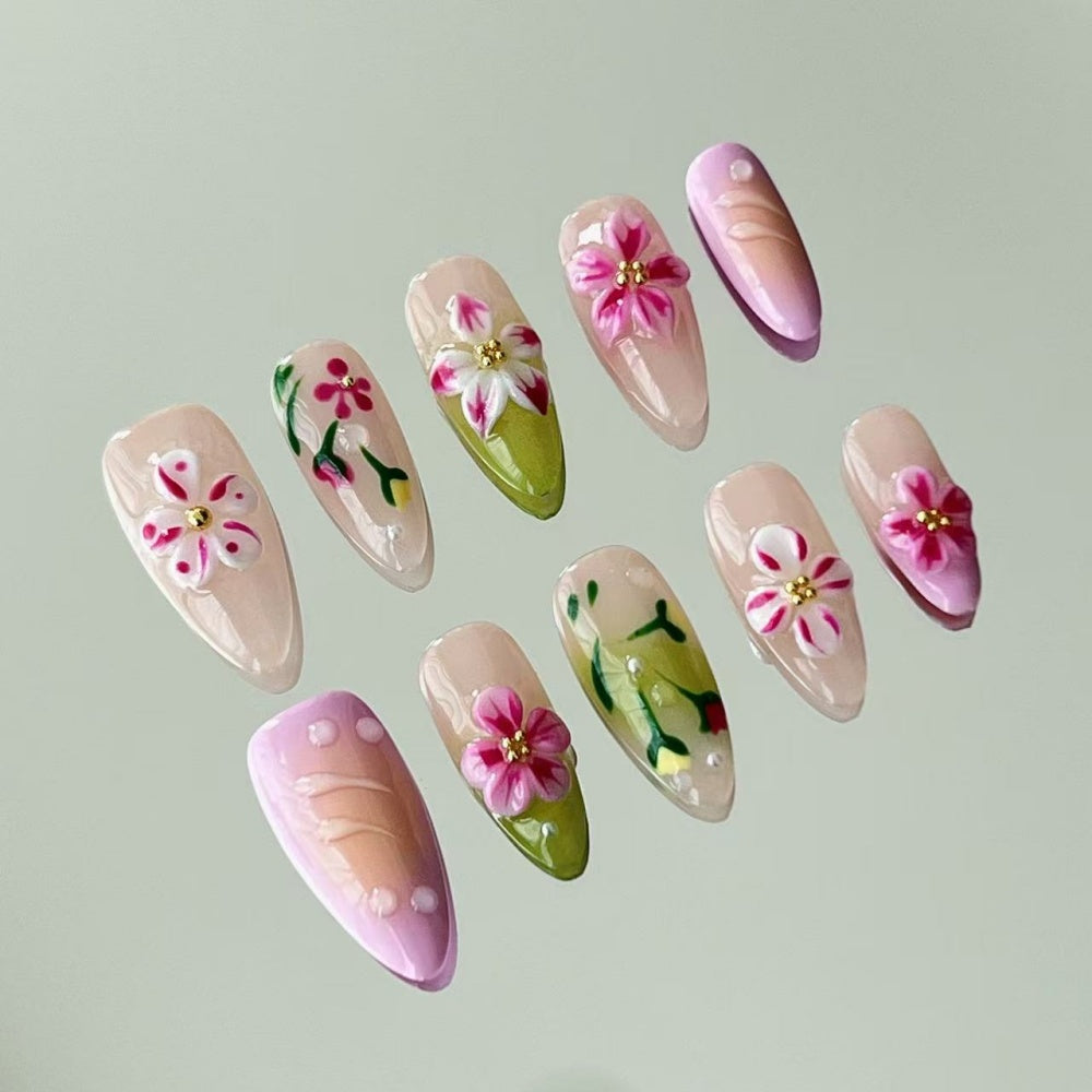 Summer Fiesta Handmade Press-On Nails - 3D Floral Carvings & Tropical Glow