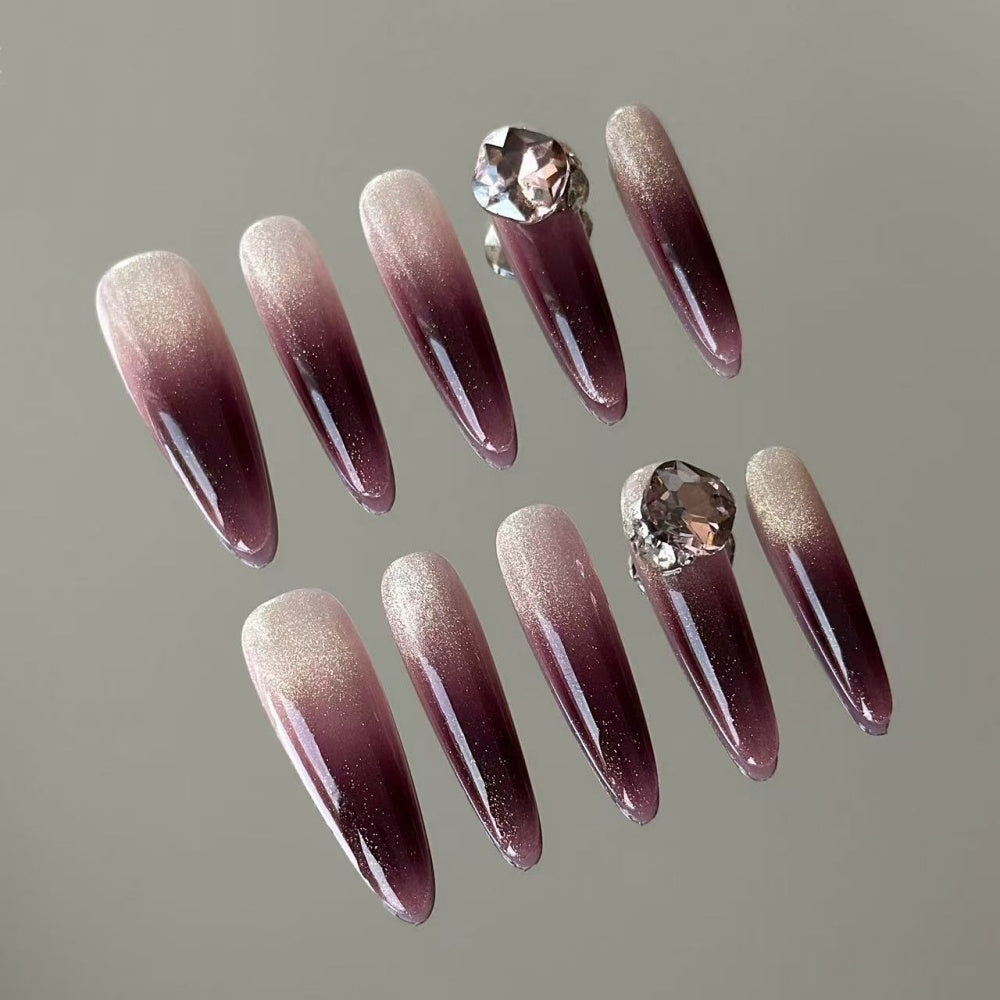 Château Nail Set - Hand-Painted Wine Stain Ombré with Diamond Ice Glitter