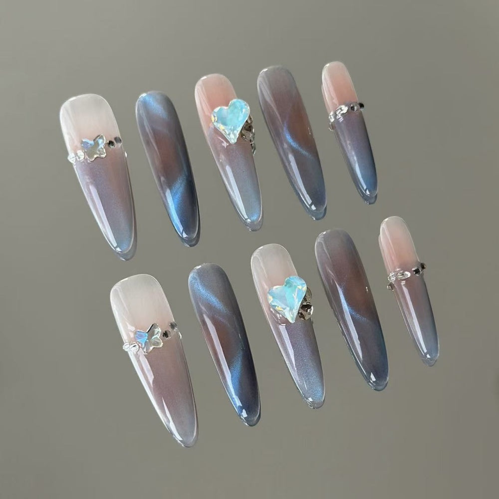 Graceful Curve French Cat-Eye Nails - Diamond Heart Accents & Pearl Swirls