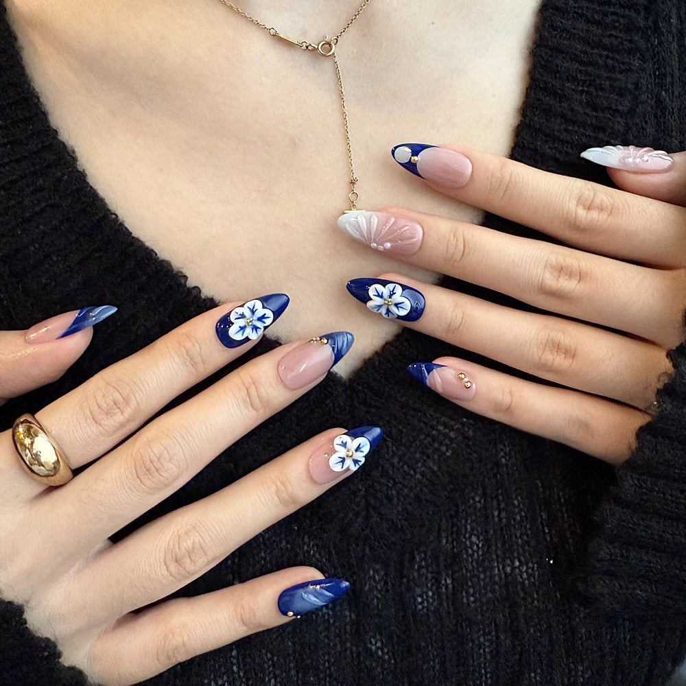 Resort Style Blue Ombre Nails - 3D Wave & Flower Carving Glue on Nails