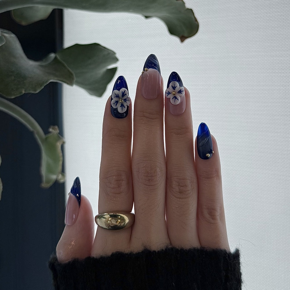 Resort Style Blue Ombre Nails - 3D Wave & Flower Carving Glue on Nails