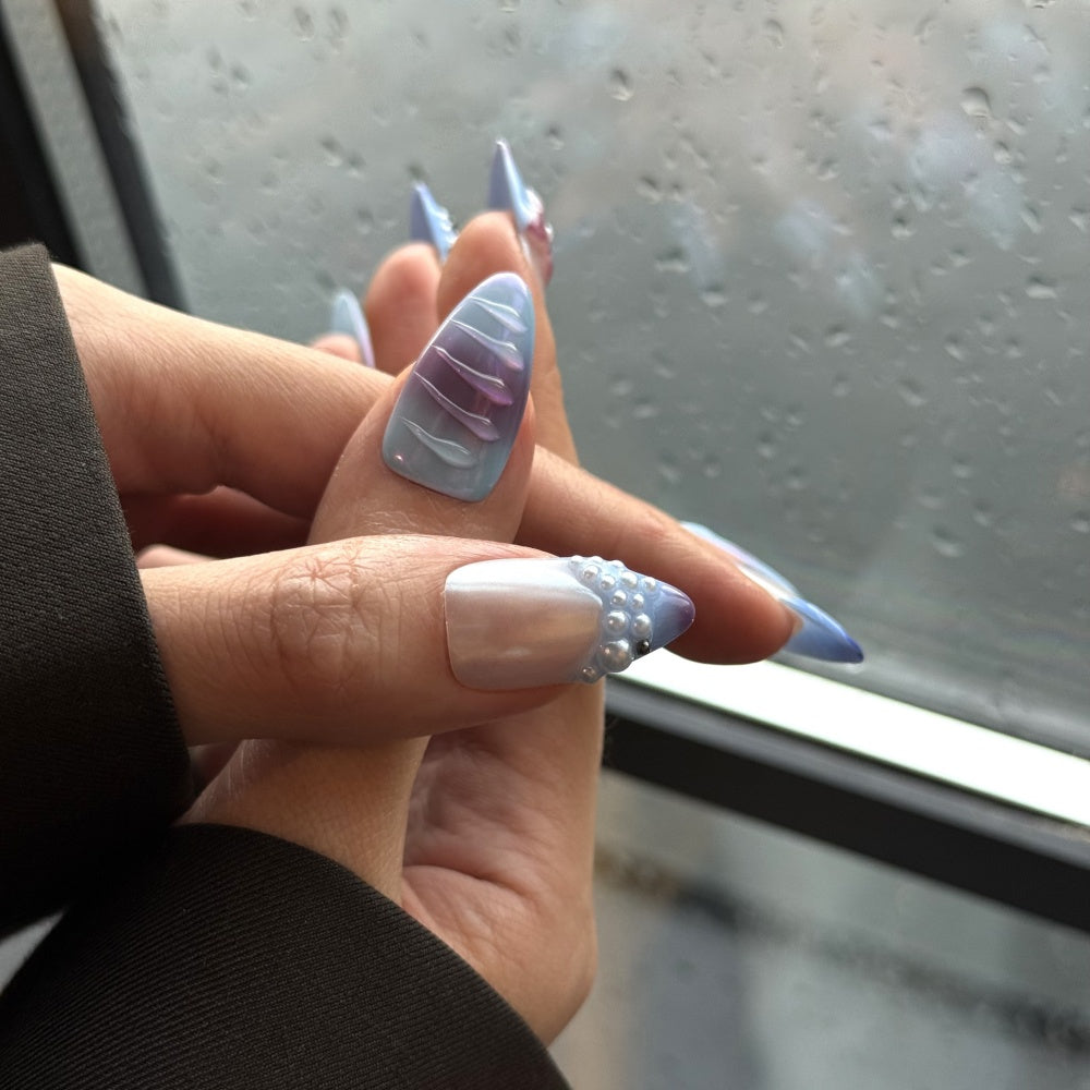 Handmade Ocean Aurora Nails with Pearl Sheen & Flower Carving