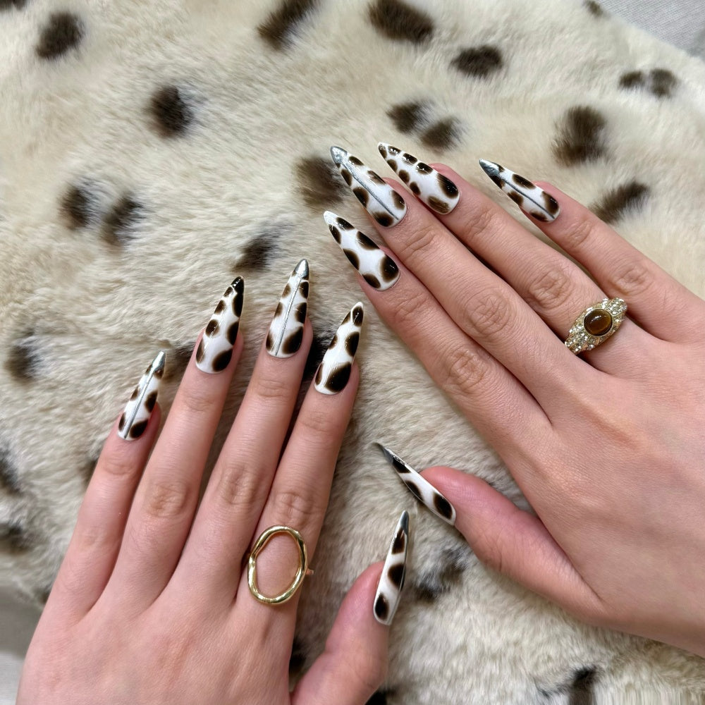 Gothic Nails with Silver Metal Lines - Demonic Flower Art Almond Shape